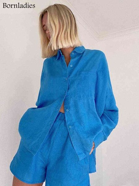 

bornladies cotton linen women summer set of with shorts blue 2 piece set female casual shorts suits pocket shirt outfit t220729, Gray