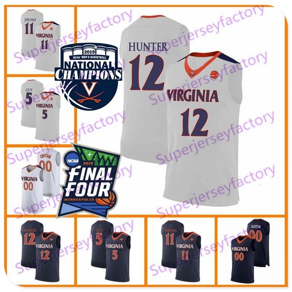 

a3740 2019 champions virginia cavaliers kyle guy white jersey #5 uva ncaa final four #12 de'andre hunter mens basketball navy blue jers, Black