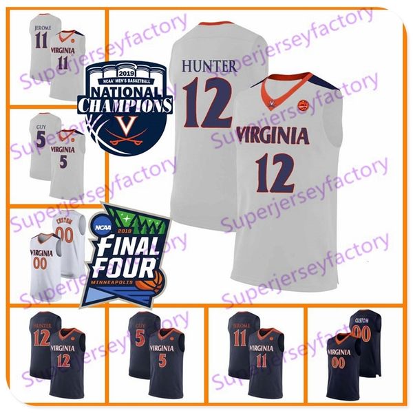 A3740 2019 Champions Virginia Cavaliers Kyle Guy White Jersey #5 UVA NCAA Final Four #12 DE'ANDRE Hunter Herren Basketball Marineblaue Trikots S-3XL