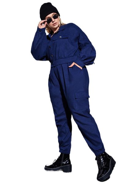 

plus solid flap pocket corduroy jacket & knot cargo pants k6ur#, Black