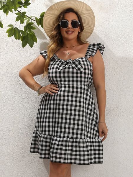 

plus gingham print ruffle trim knot front dress l7he#, Black