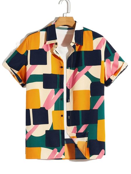 

men geo graphic button front shirt i9ce#, White;black