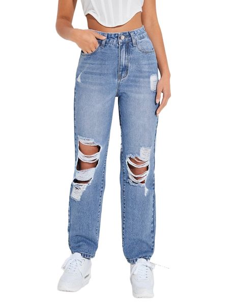 

petite ripped detail straight leg jeans 57ut#, Blue