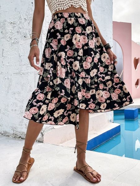 

allover floral print ruffle hem skirt p2co#, Black