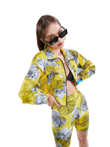 

x zoe floral print zip up jacket g8x6#, Black;brown