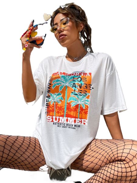 

letter & palm trees drop shoulder tee r1wa#, White