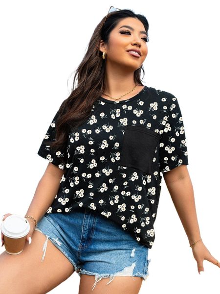 

plus floral print patched pocket tee k3o1#, Black