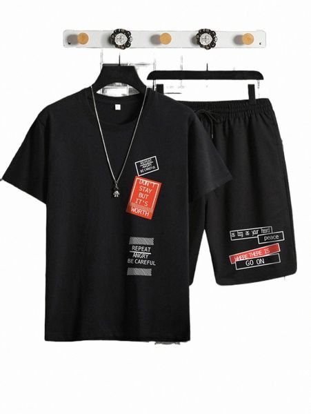 

men slogan graphic tee with drawstring shorts w7ra#, Gray