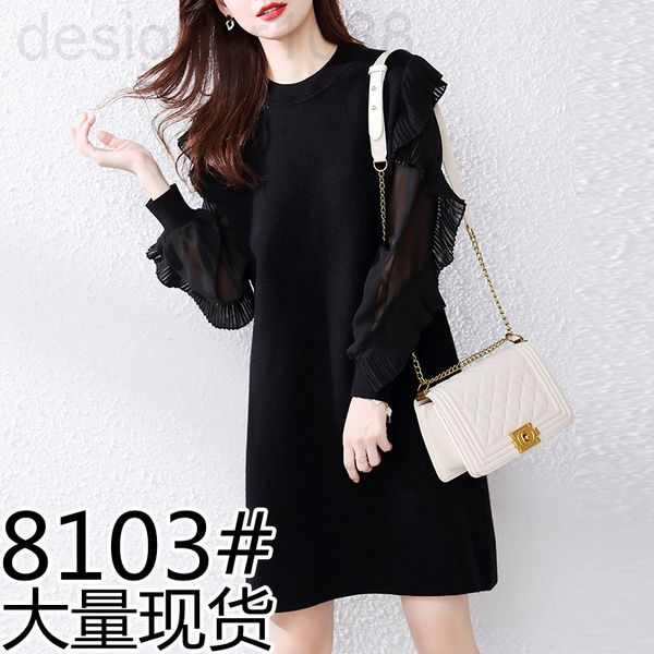 

casual dresses designer 8103# celebrity temperament knitted dress 2022 new spring chiffon stitched dress medium length skirt d0zx, Black;gray