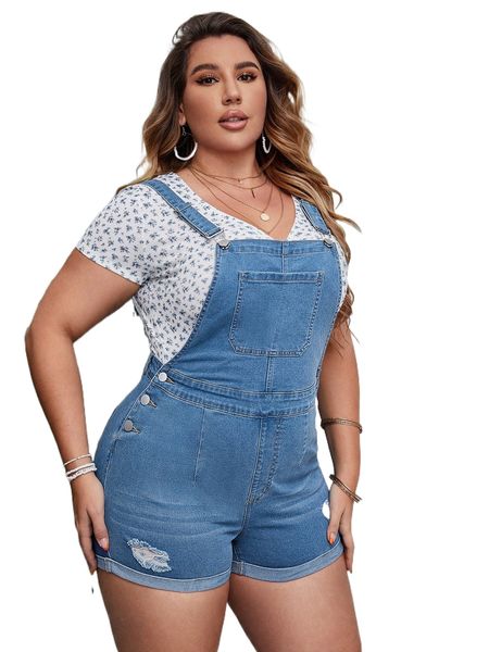 

plus ripped roll hem denim overall romper 24lu#, Black;white