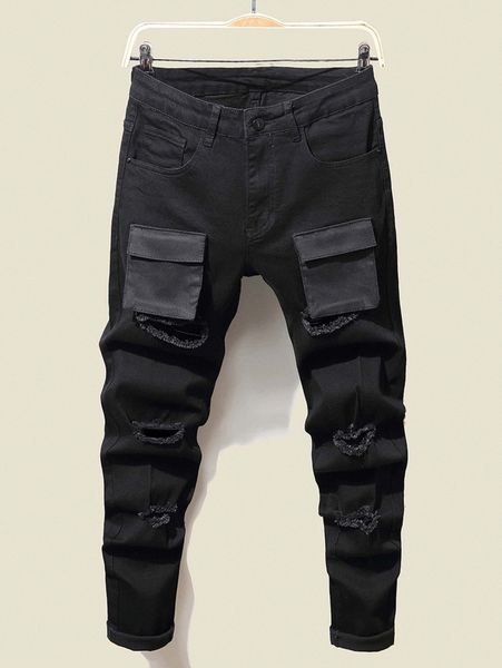 

men flap pocket ripped cargo jeans 21ck#, Blue