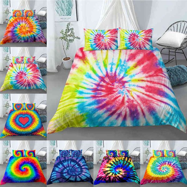 Arcobaleno Tie Dye biancheria da letto tinto copripiumino Set arancione blu motivo a spirale psichedelico stampato Boho Hippie Set