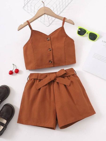 

girls button front cami & belted shorts she, White
