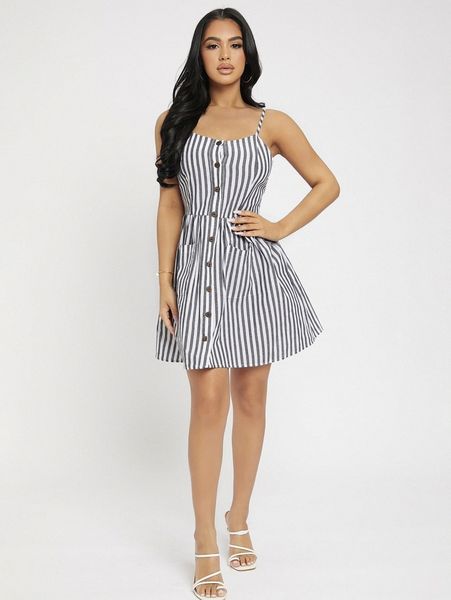 

petite striped dual pocket button front cami dress 10d3#, Black;gray