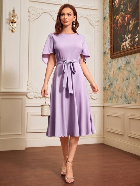 

slit flounce sleeve belt dress z6ux#, Black;gray