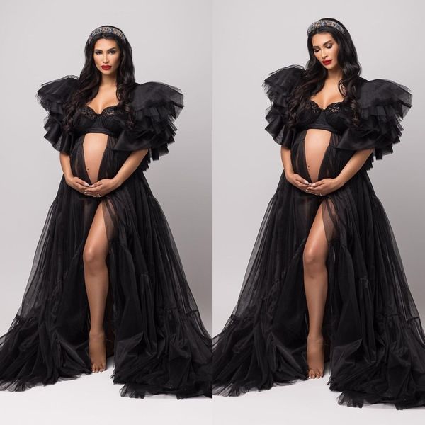 Siyah Balo Elbiseleri Fırıltma Kapağı Kollu Bebek Duş Önlükleri Vestido De Novia Uzun Hamile Fotoğraf Çekme Elbise