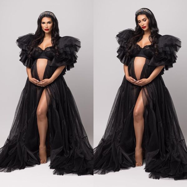 

black prom dresses ruffle cap sleeve baby shower gowns vestido de novia long maternity pshooting dress