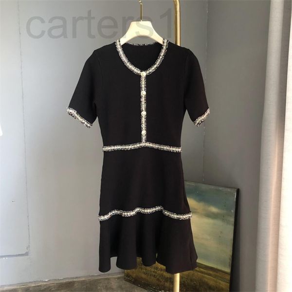 

casual dresses designer knitted dress women's 2022 summer new french temperament thread edge waist closing medium length skirt fashion, Black;gray