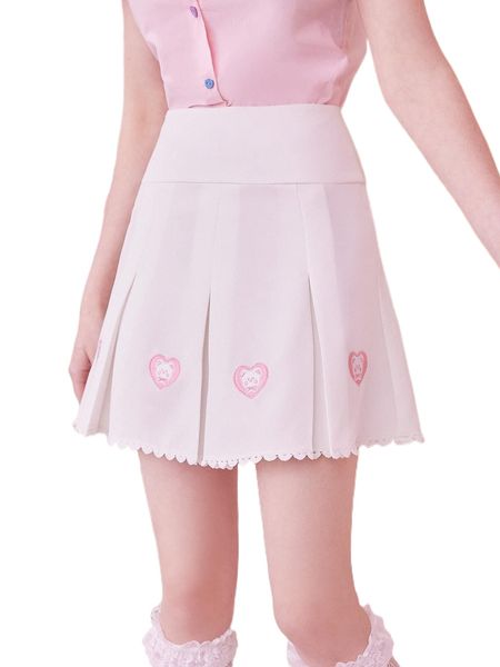 

kawaii heart & bear embroidery pleated skirt r4hr#, Black