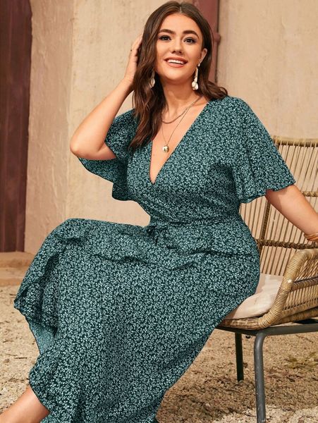 

plus plants print belted ruffle wrap a-line dress k0ih#, Black