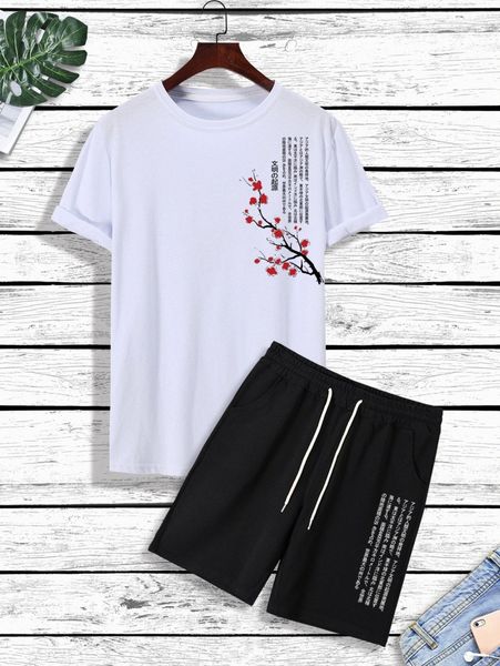 

men japanese letter and floral print tee & drawstring waist shorts r3kj#, Gray