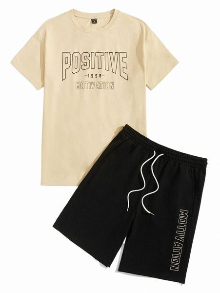

men letter graphic tee & drawstring waist shorts e6md#, Gray