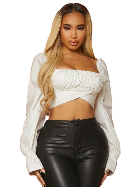 

sxy square neck ruched asymmetrical hem tie back crop blouse e3na#, White