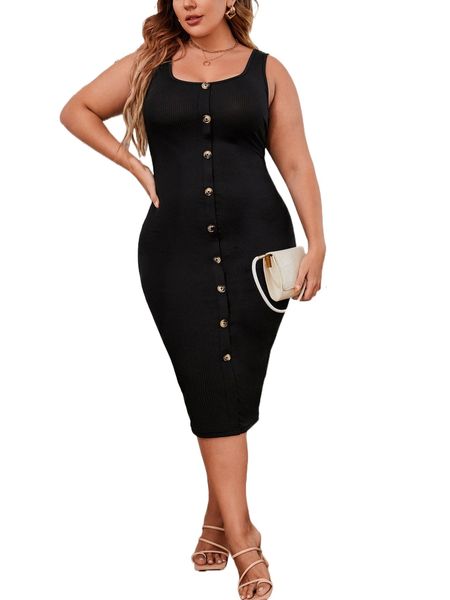 

plus rib-knit button front bodycon dress 96hr#, Black