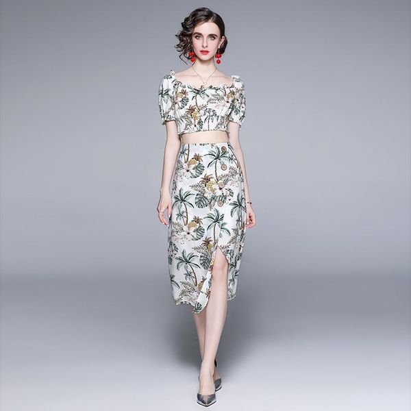 

work dresses summer women's suit korean holiday-style one-neck printed puff sleeve short high-waist irregular skirt female sets x369, White;black