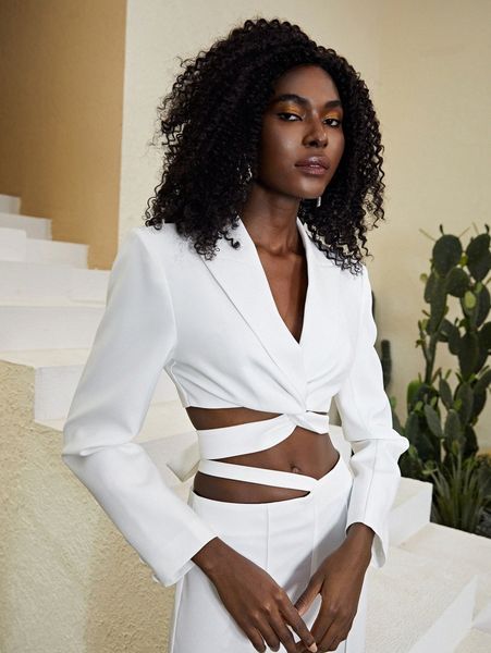 

notched collar twist crisscross tie back blazer t7se#, White