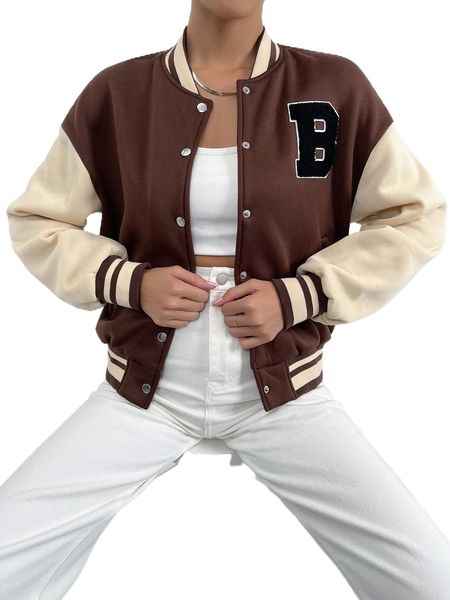 

letter patched striped trim drop shoulder bomber jacket o7fh#, Black;brown