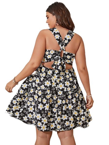 

plus floral print crisscross tie back ruffle hem dress z6h3#, Black