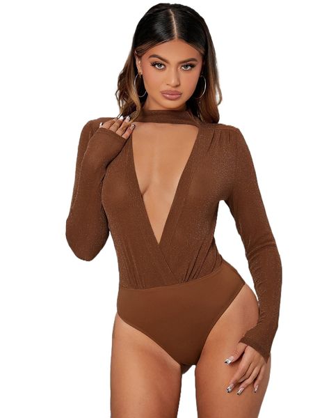 

sxy solid keyhole neck cross wrap mesh panel glitter bodysuit u852#, White