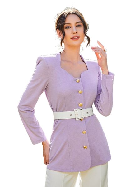 

button front shoulder pad buckle belted coat t8up#, Black