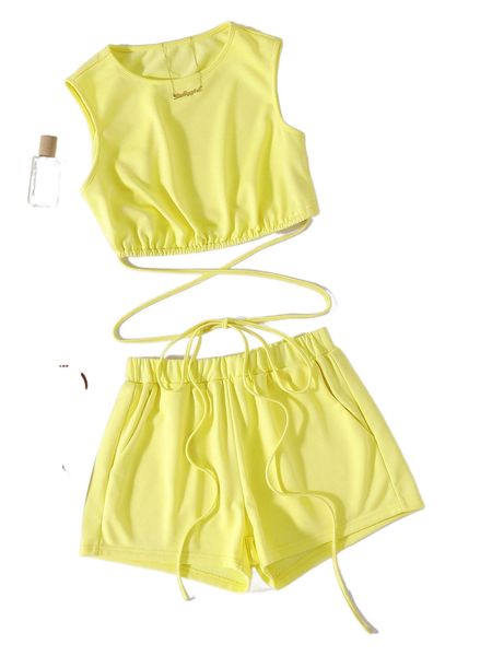 

solid crisscross knot hem crop tank & shorts set x4ck#, White