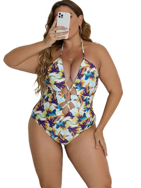 

plus floral print crisscross front halter one piece swimsuit l6dg#, White;black