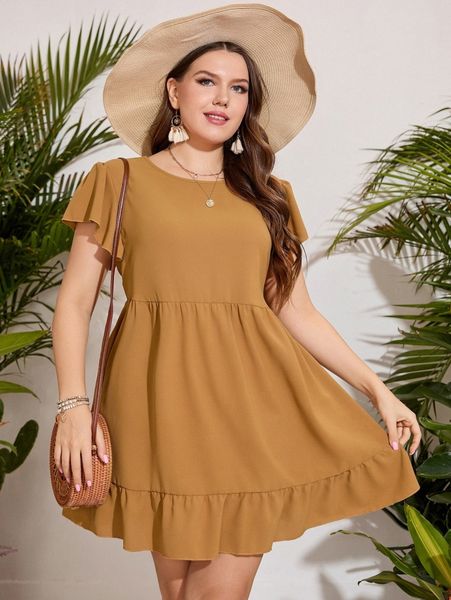 

plus butterfly sleeve ruffle hem dress x970#, Black