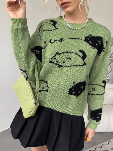 

cat pattern drop shoulder sweater g2gl#, White;black
