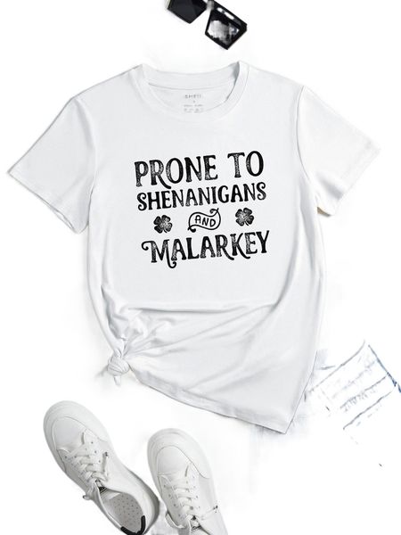 

slogan & four-leaf clover print tee e27r#, White