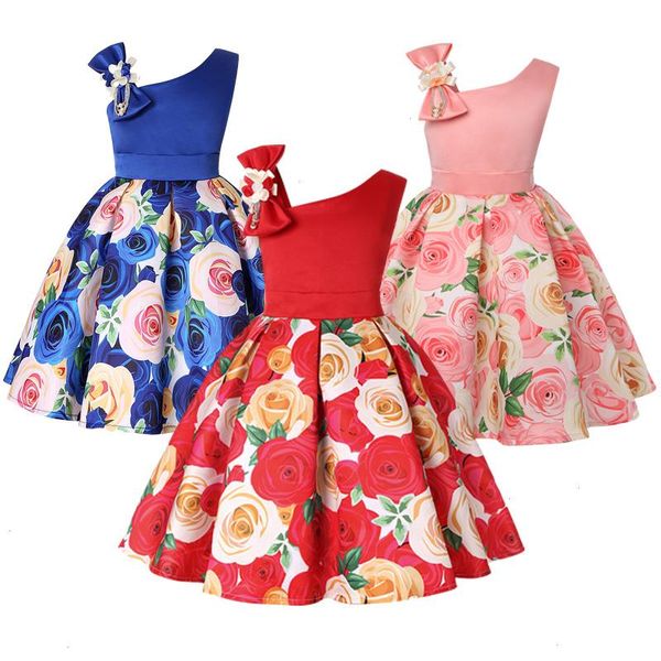 

girls dress for kids clothes flower one-shoulder pageant birthday wedding party princess children 3 4 5 6 7 8 9, Red;yellow