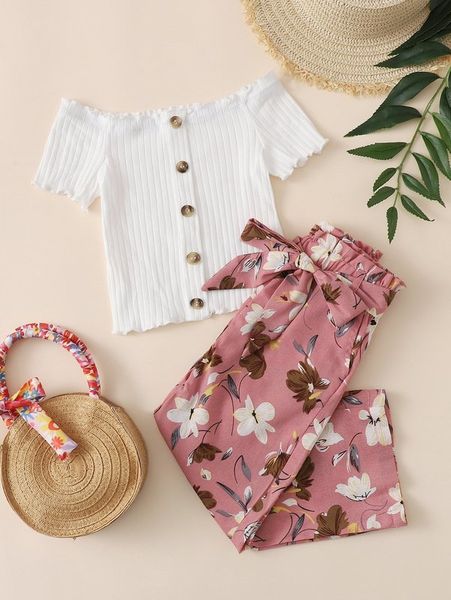 

toddler girls button up tee & floral print pants set she, White