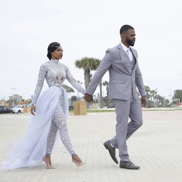 

2022 wedding dress gorgeous jumpsuits with detachable train high neck beads crystal long sleeves modest dresses african bridal, White