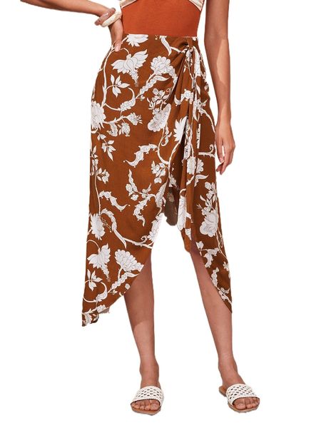 

floral print wrap hem skirt j9xw#, Black