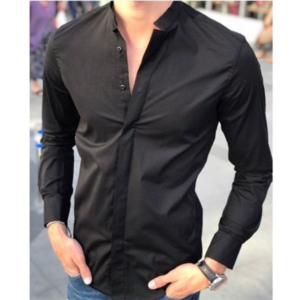 

stand collar men s solid color slim long sleeve blouse lj200925, White;black
