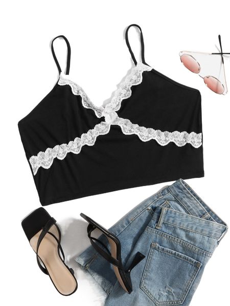 

plus 1pc lace trim crop cami l5uu#, Black