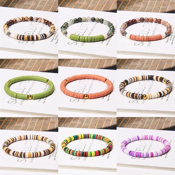 Braccialetto di fascino fatto a mano da donna con fili di perline 6mm colorato piatto rotondo perline disco di chip di argilla polimerica elasticizzato moda Boho gioielli Kent22