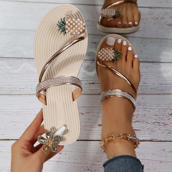 Terlik bohem tarzı ananas rhinestone kadınlar düz plaj klipli ayak parmağı altındaki sıradan sandalet boyutu 35-43slippers