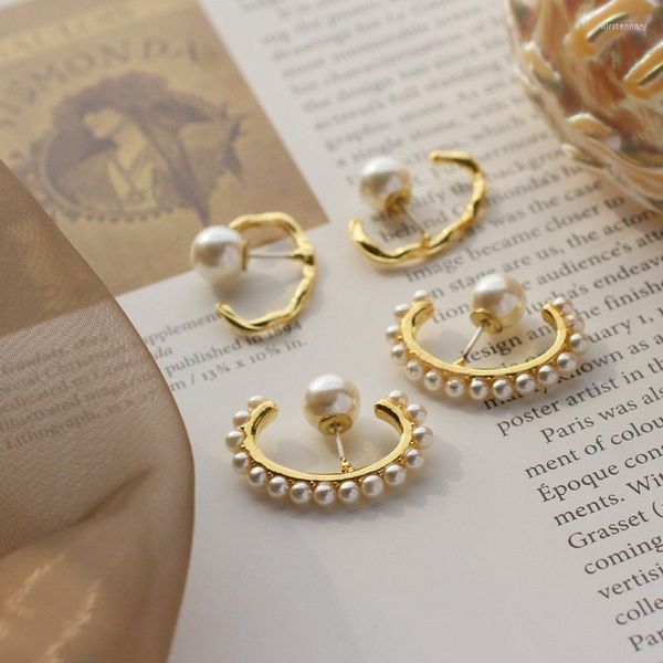 Brincos traseiros de pérolas douradas para mulheres círculo vintage sweet coreano com 925s esterling post bijoux 2022stud kirs22