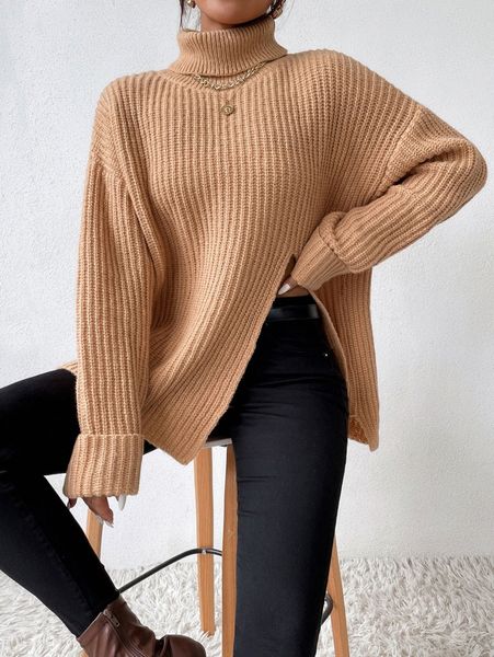 

turtleneck drop shoulder high split sweater a5ul#, White;black