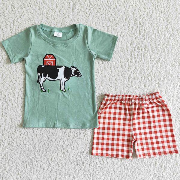 

boutique baby boy clothes kids summer set farm cow embroidery cotton toddler boys clothing outfits short sleeve shorts sets wholesale childr, White